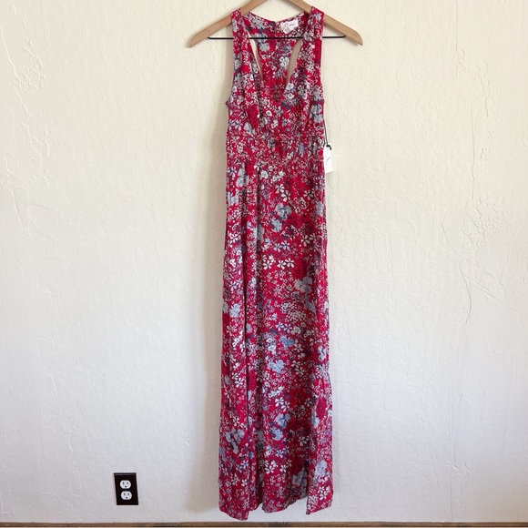 Japna Sleeveless V-Neck Maxi Dress size XS Red Blue Floral Smocked Racerback - Picture 1 of 6